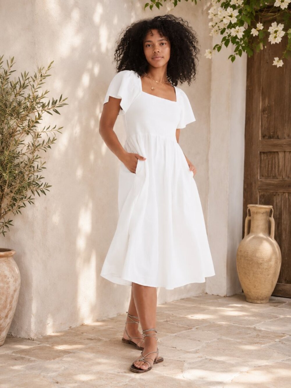 NWT Madewell Lucie Cream Smocked Midi Dress with Flutter Sleeves Sz. L